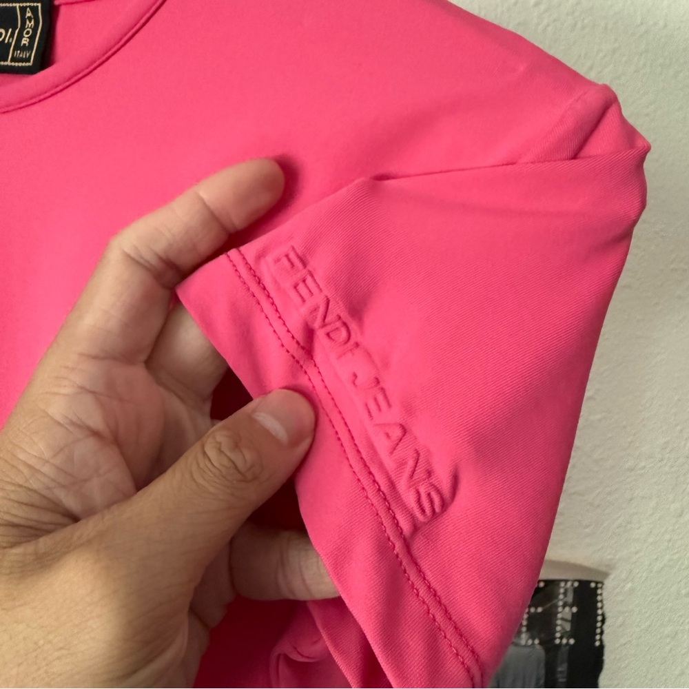 FENDI vintage pink knit crew neck short sleeve boxy cropped baby tee t-shirt - Picture 5 of 8